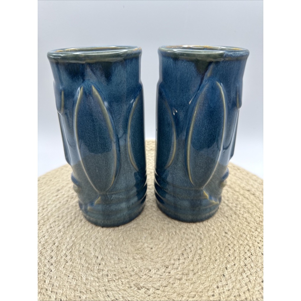 Libbey Tiki Mugs Moai Easter Island Face Blue 7" Vtg Cups Cocktail Barware Set 2 - Picture 3 of 7